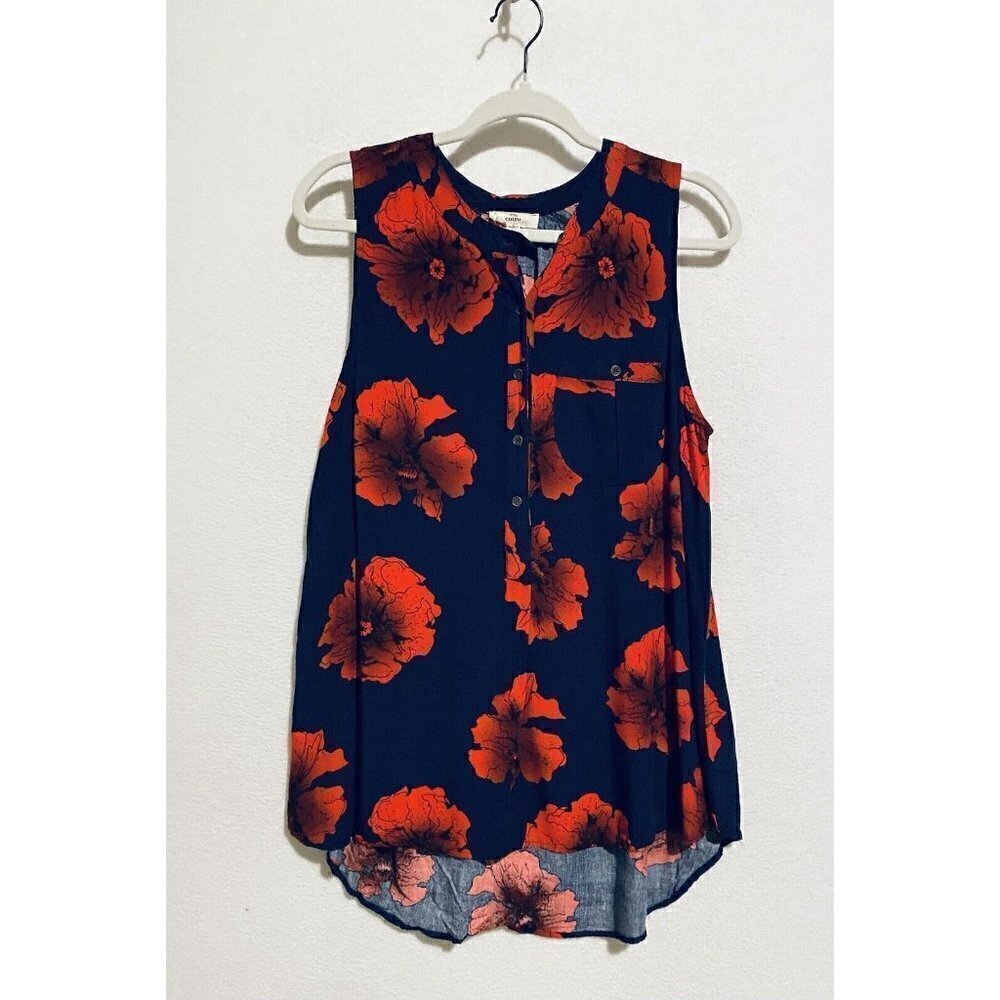 Entro Top Womens Large Floral Sleeveless Henley Tunic Hi Low Hem Blue Red Boho